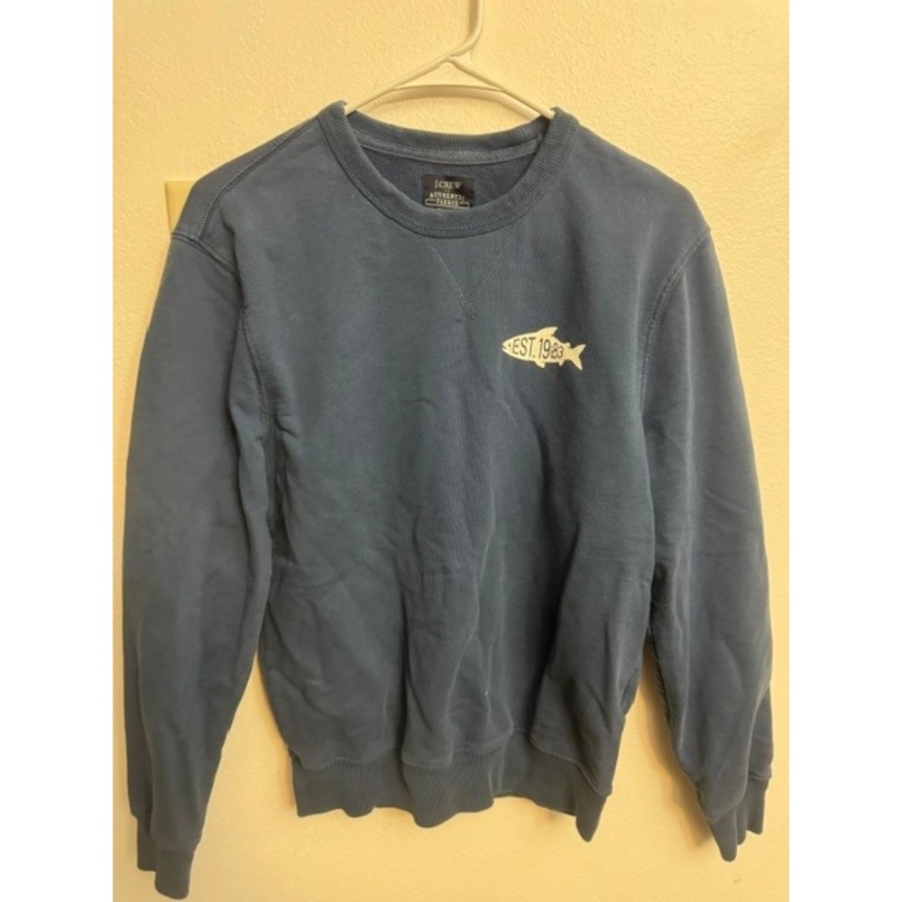 J.Crew Men Authentic Fleece Sweatshirt Blue Fish Graphic Est 1983 Crewneck S (G)
